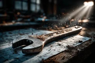 Vintage spanner resting on a printed website wireframe on a workshop bench