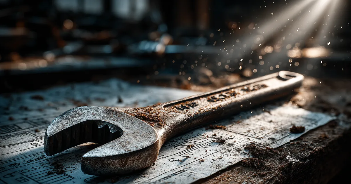 Vintage spanner resting on a printed website wireframe on a workshop bench