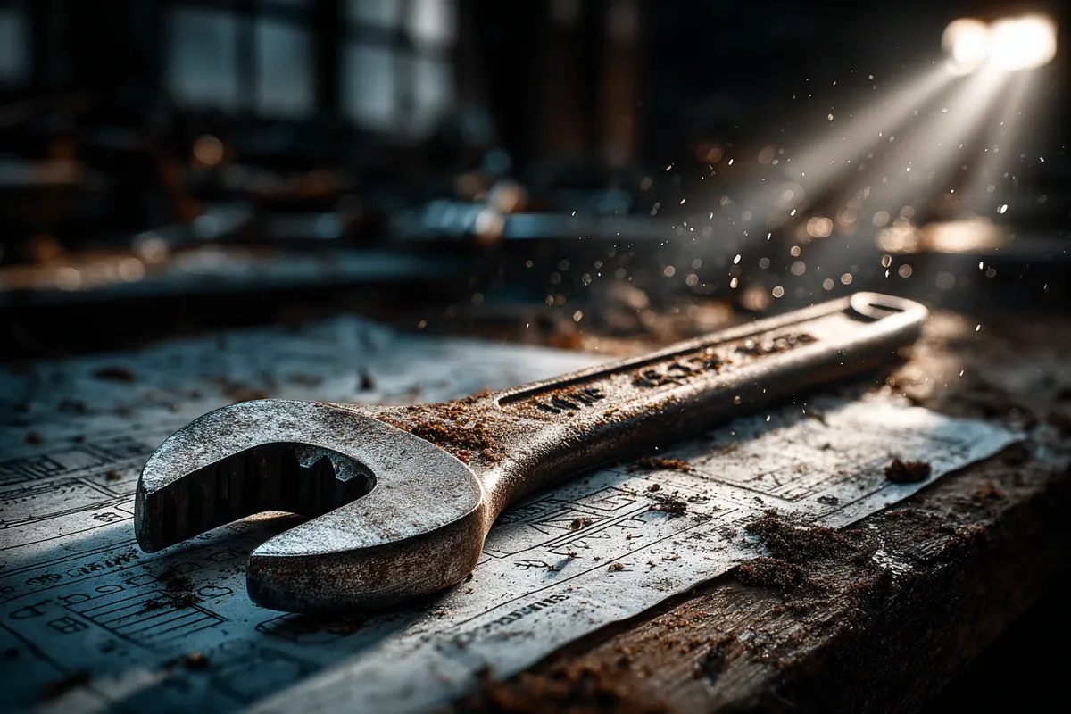 Vintage spanner resting on a printed website wireframe on a workshop bench