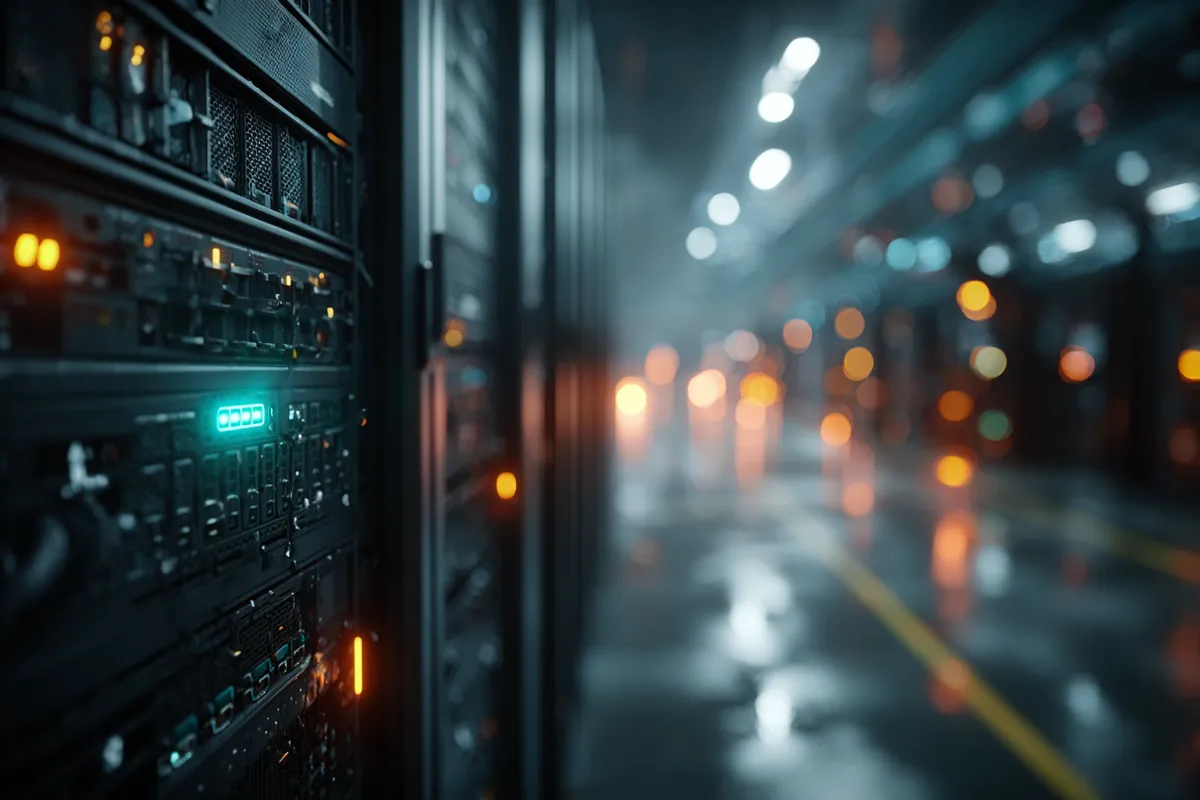 Server rack in a dimly lit data centre with a single blinking green LED