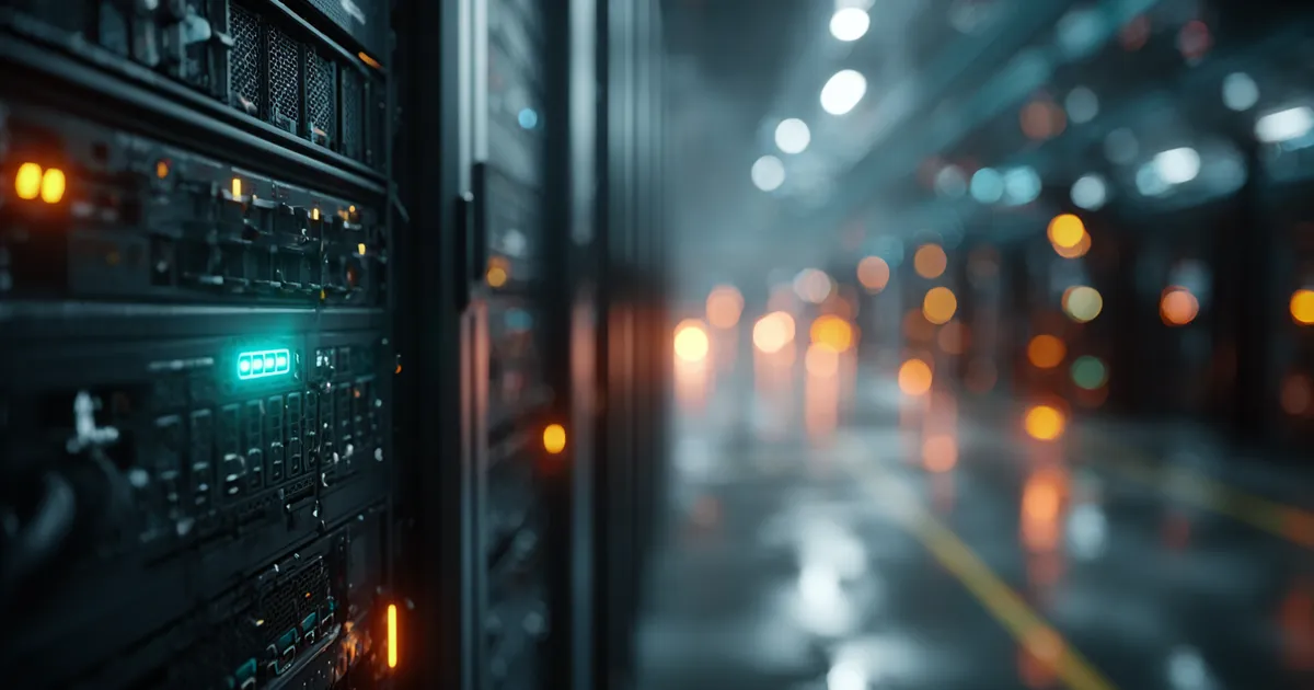 Server rack in a dimly lit data centre with a single blinking green LED